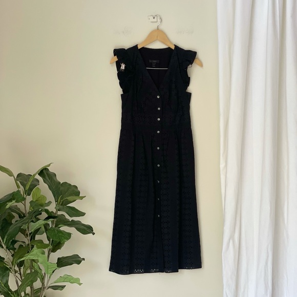 J CREW RUFFLE SLEEVE EYELET BLACK MIDI DRESS - Picture 4 of 10